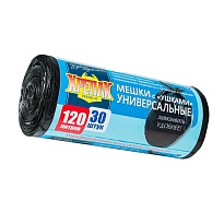 Мешки для мусора 120 л, с ушками, черные, в рулоне 30 шт., ПНД, 15 мкм, 1100х700 мм, Крепак, 4607075710375 в Йошкар-Оле